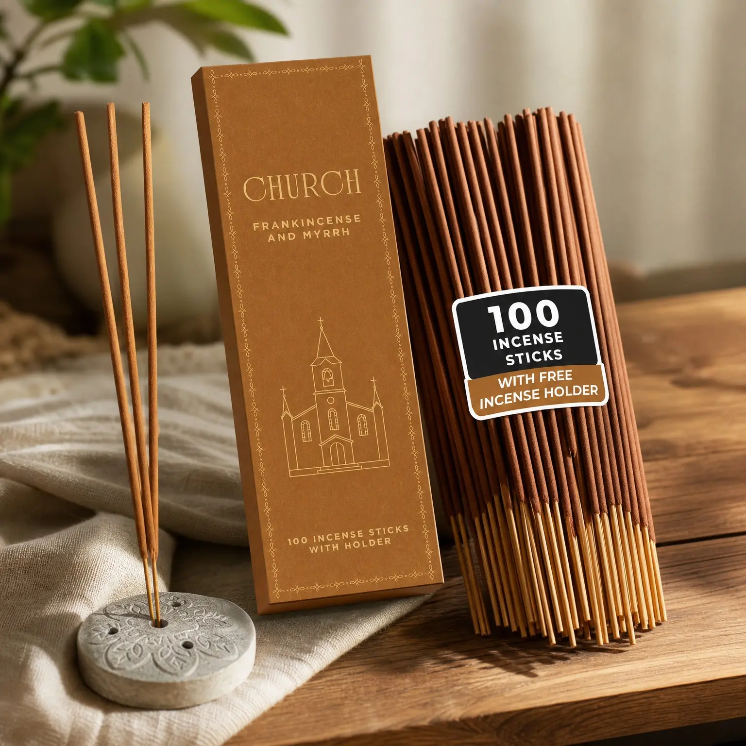 Frankincense & Myrrh Church Incense Sticks with Holder - 100 Sticks | Premium, No Charcoal, Organic, Non Toxic, 45 Mins Burn Time, Catholic Incense Sticks for Prayer, Daily Worship, Christian GiftsGift