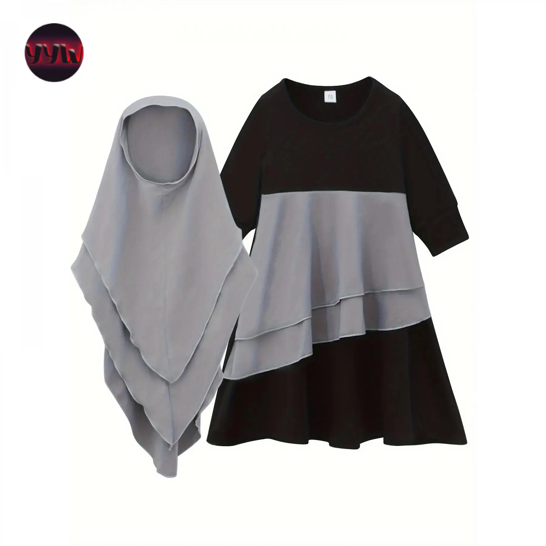 YYW1 Muslim Girls' Modest 2-Piece Set, Polyester Blend Multi-Size Abaya with Long Sleeve Crew Neck Stretch Fabric + Headscarf for Fall Wear, Modest Wear