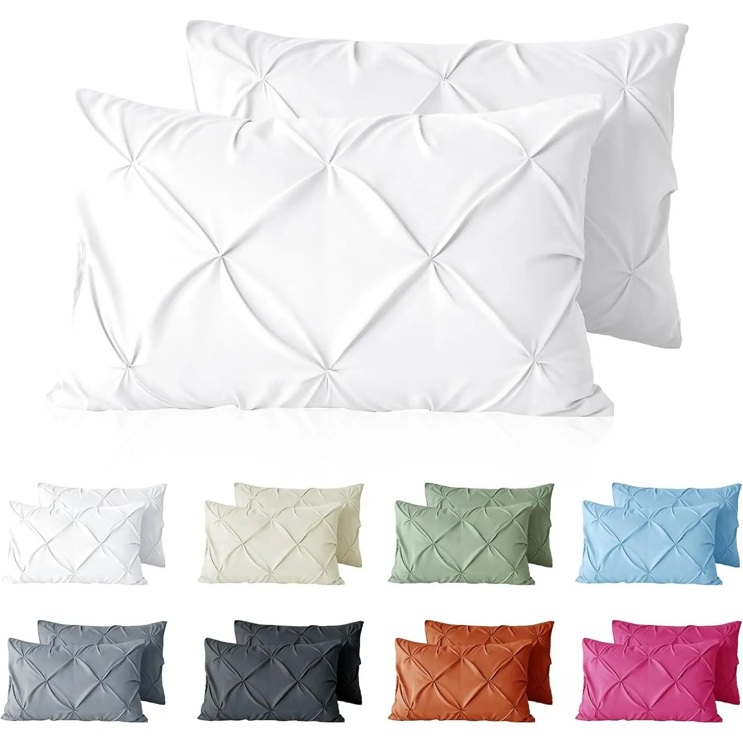 Pintuck Pillow Cases Standard Size Set of 2, White Pillow Shams Decorative Pillowcases with Envelope Closure, Pinch Pleated Microfiber Pillowcases, Wrinkle and Stain Resistant