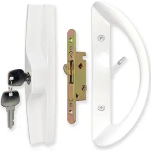 Patio Sliding Door Handle Set with Mortise Lock, Key Cylinder and Face Plate, Full Replacement Fits 1-1/2" to 1-3/4" Thick Door, 3-15/16" Screw Hole Spacing, White