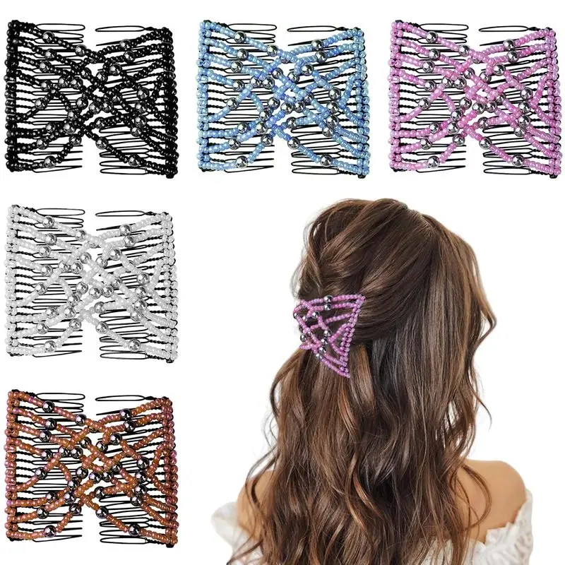 5 Pieces Stretchy Magic Comb Adjustable Elastic Hair Clip for Women Girls No Crease Pins Vintage Bun Maker Accessories for Curly Thick Wavy Hair Ponytail