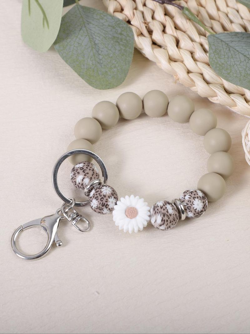 Boho Style Flower Decor Beaded Keychain, Vintage Style Silicone Beaded Keychain for Women & Men, Fashion Accessories for Daily Use, Floral Pattern Keychain