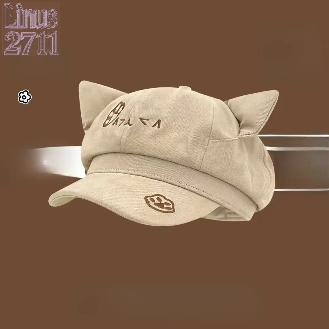 Cute Cat Ear Beret Hat for Women Kawaii Cartoon Paw Embroidery Newsboy Cap Sweet Aesthetic Octagonal Hat Big Head Friendly Lightweight Visor Hat Casual Spring Autumn Fashion Ladies Decor Hat Daily Outdoor Photo Prop Trendy Girls Baseball Beret Cap