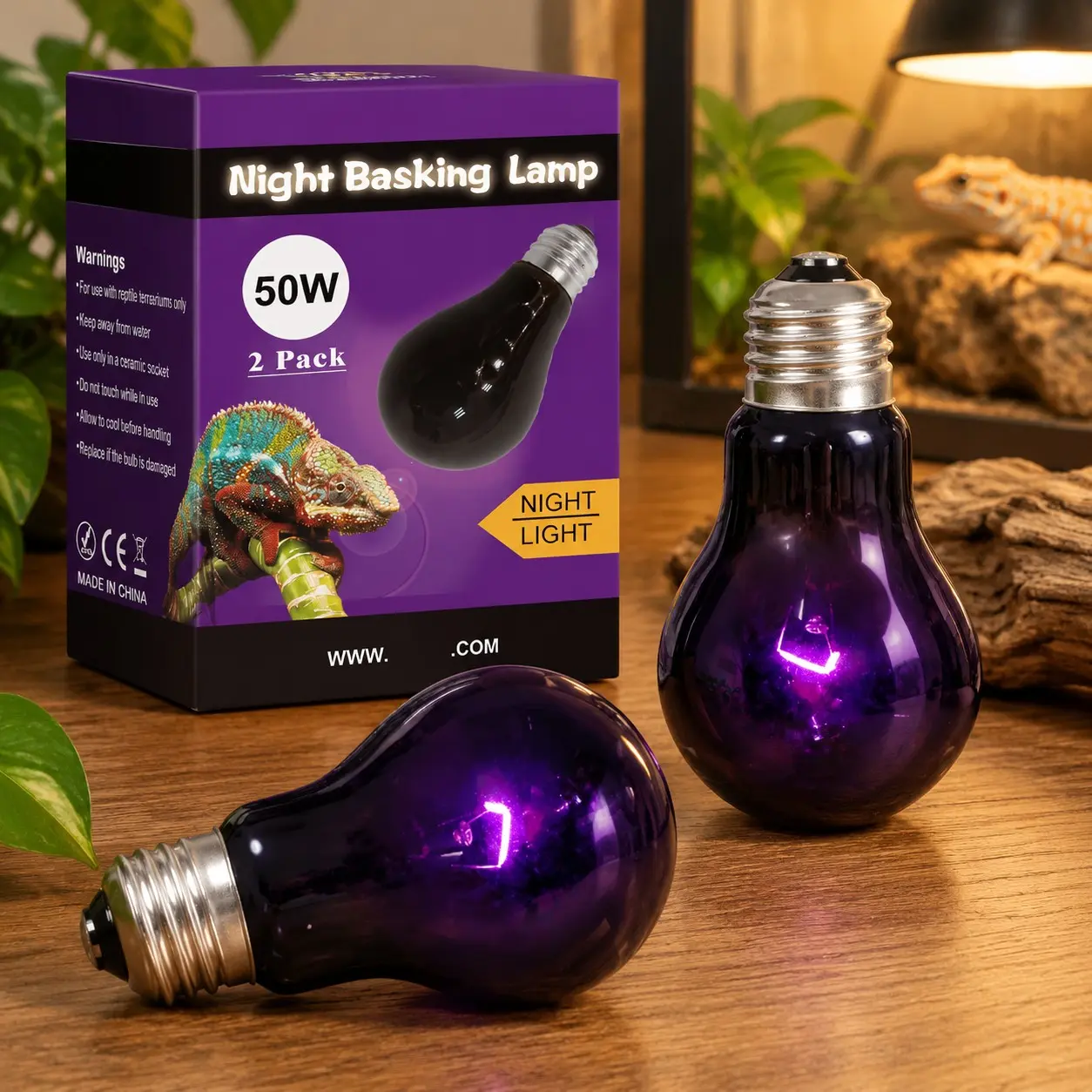Reptile Heat Lamp 50W 2 Pack, Night Heat Bulb, Basking Spot Light for Bearded Dragon, Lizard, Snake, Turtle, ChameleonGift