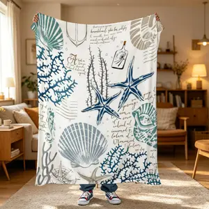 One PC Short Plush Flannel Blanket,Hand drawn seashell starfish image,Simple flannel blanket, moisture breathable all seasons. Sofa bed foot decor throw, holiday gift, small home pet blanket