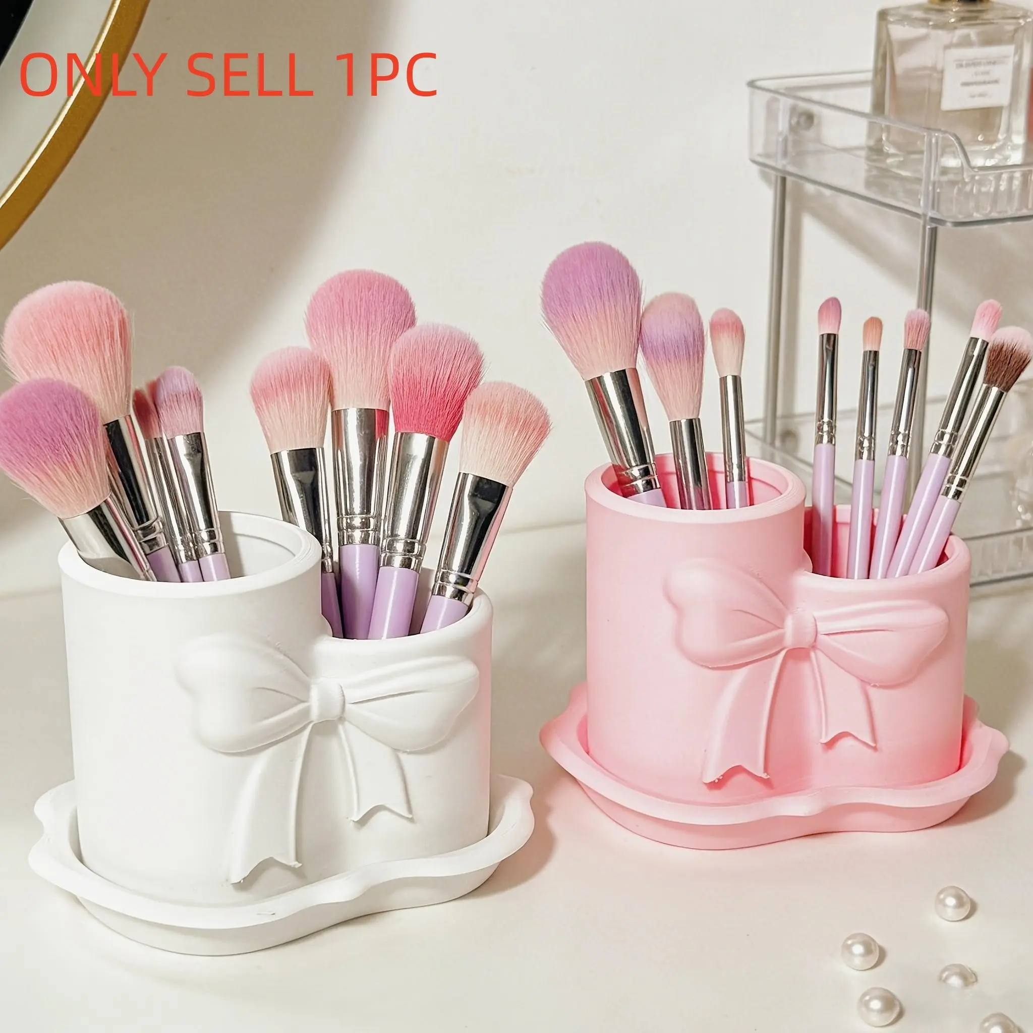 Scandinavian Style Irregular Bow Makeup Brush Holder, Cosmetic Storage Box, Cosmetic Organizers, Beauty Supplies Organizer, Perfect for Girl's Vanity, Two Color Options