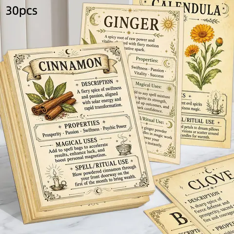 30pcs Vintage Herb Knowledge Cards, Magic Herbs Guide Grimoire Cards, Retro Grimoire Herbal Reference Cards, Witchcraft Herb Cards, Illustrated Botanical Reference Cards, Rituals