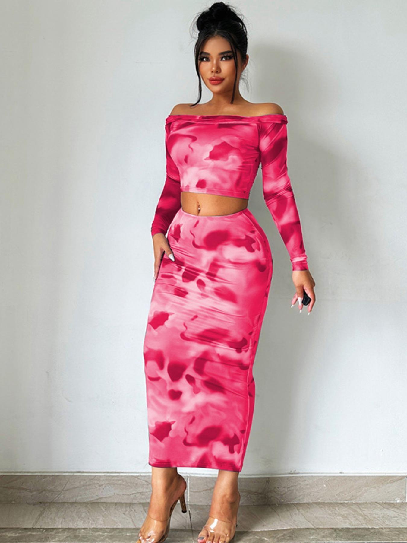 Women's All Over Print Skirt Set, Elegant Chic Off Shoulder Crop Long Sleeve Top & High Waist Bodycon Skirt Set, Fashion Casual Two Piece Outfits for Party Club Dating, Ladies Clothes for All Seasons Valentine's Day, Gift