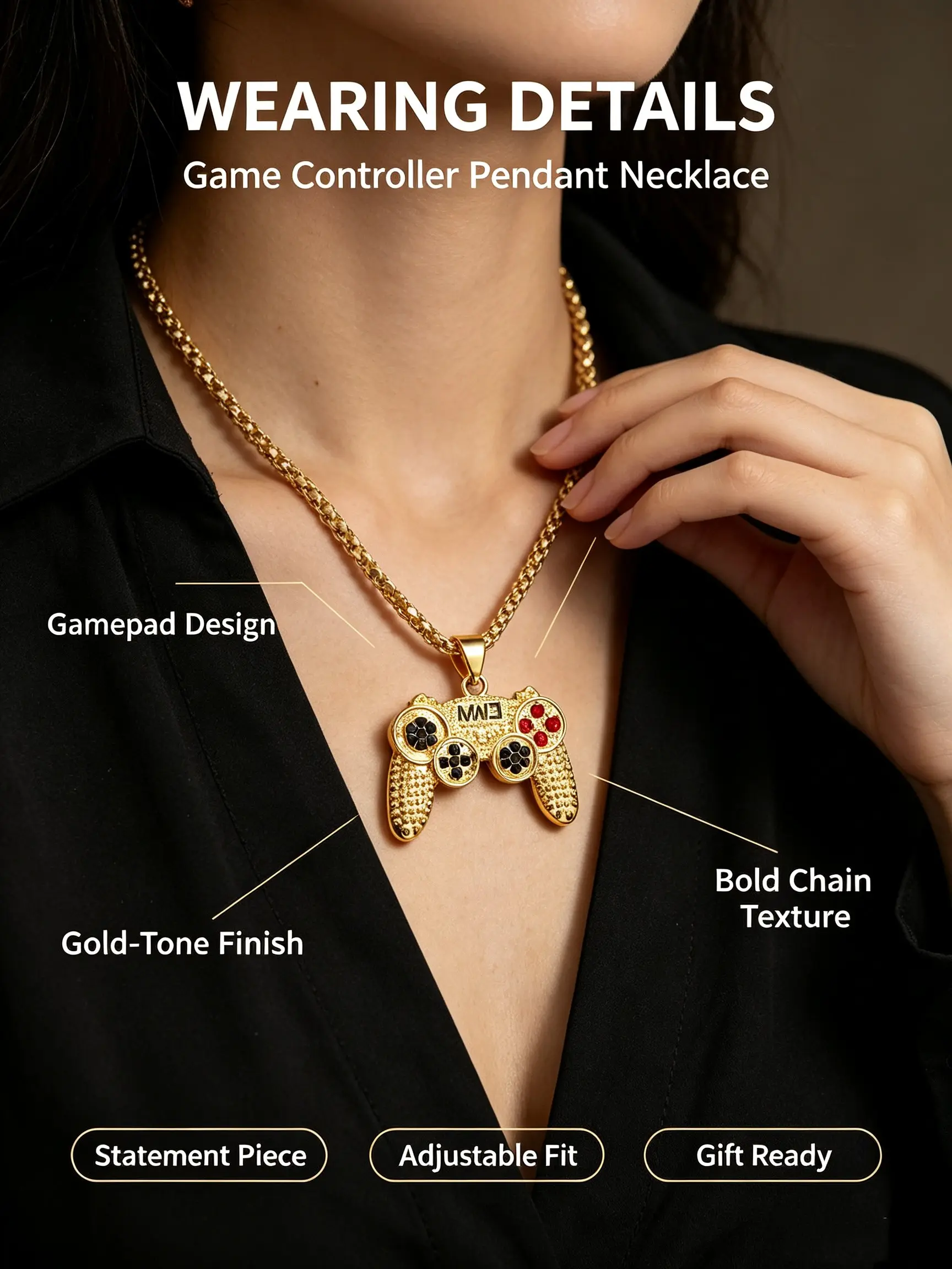 Stylish Stainless Steel Necklace with Gemstone Game Controller Pendant, Unisex Gift for Gamers, Perfect for Special Occasions