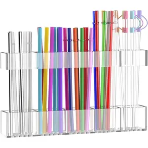 9.5” Large Acrylic Straw Holder for Cabinet Door, Reusable Adjustable Two-Part Straws Organizer with Ultra Sticky Adhesive Strips, 2026 Straw Storage for Kitchen Cupboard (Transparent)