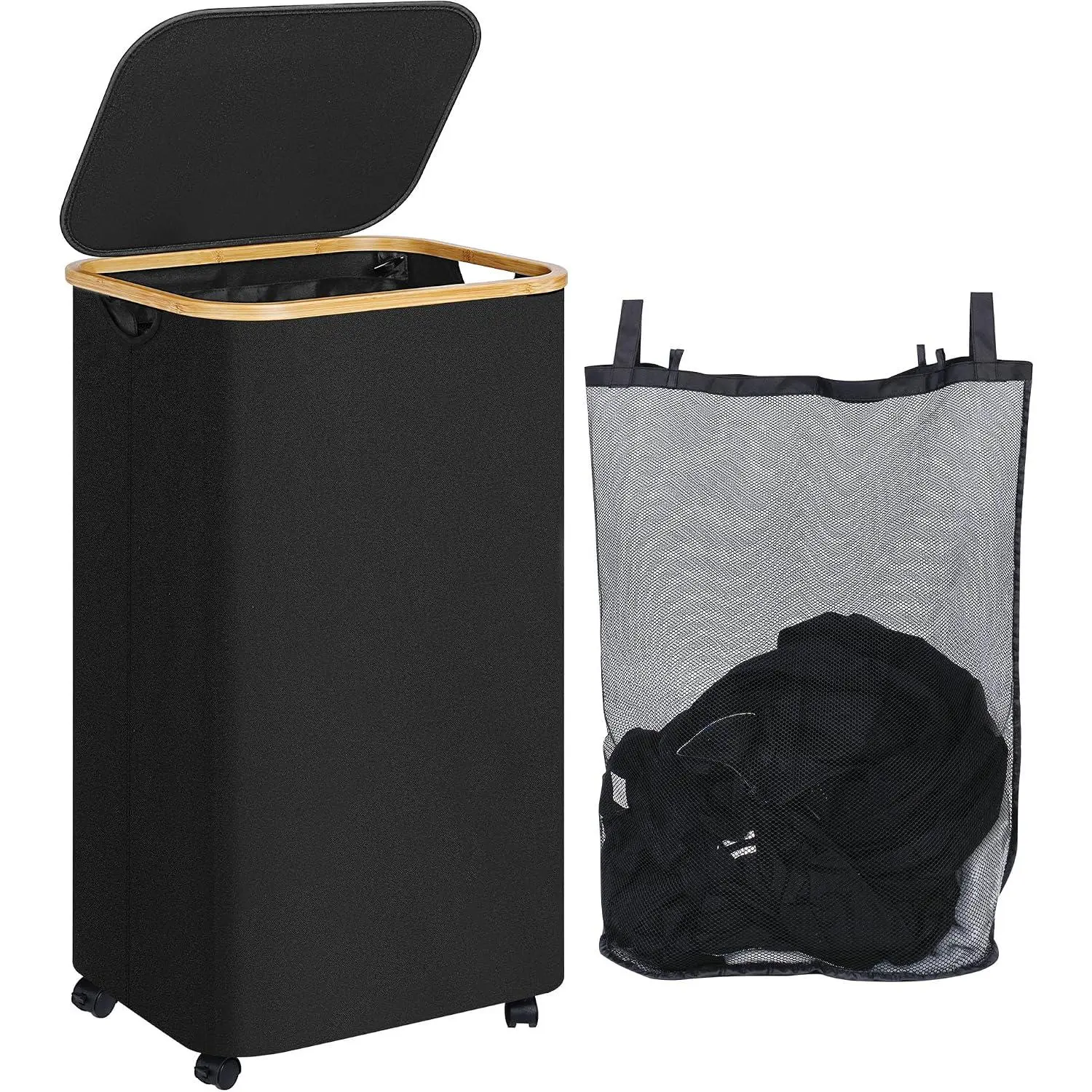Laundry Hamper with Wheels 110L Clothes Basket for Laundry,Black | Laundry Basket with Lid and Bamboo Frame, for Laundry Room, Bedroom, Dormitory Storage