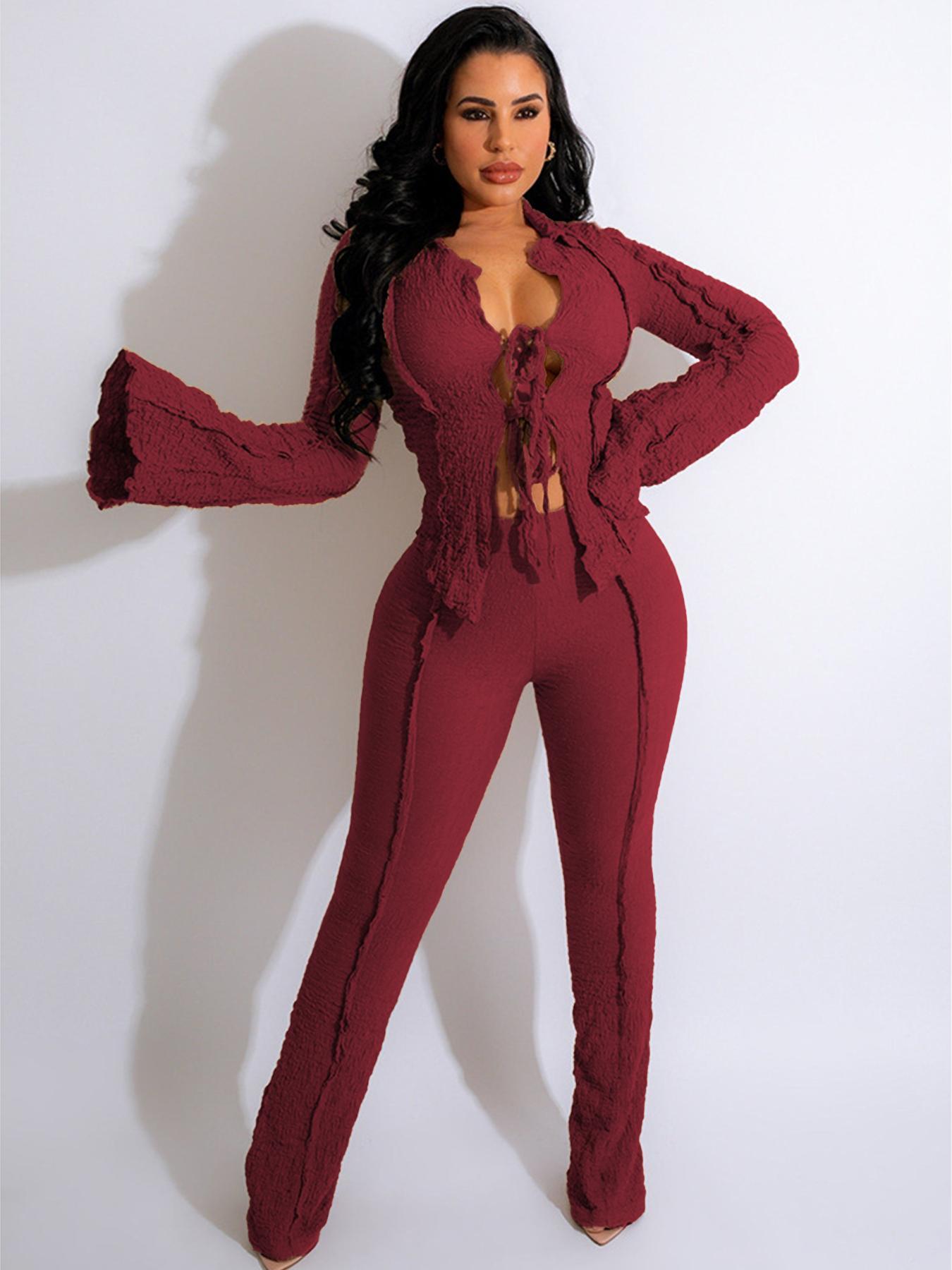 Two-Piece Set Women's Solid Tie Front Flounce Sleeve Blouse & Pants Set, Casual Fashion Cozy Top & Trousers for Daily Outdoor Wear, Ladies Clothes for All Seasons, Womenswear