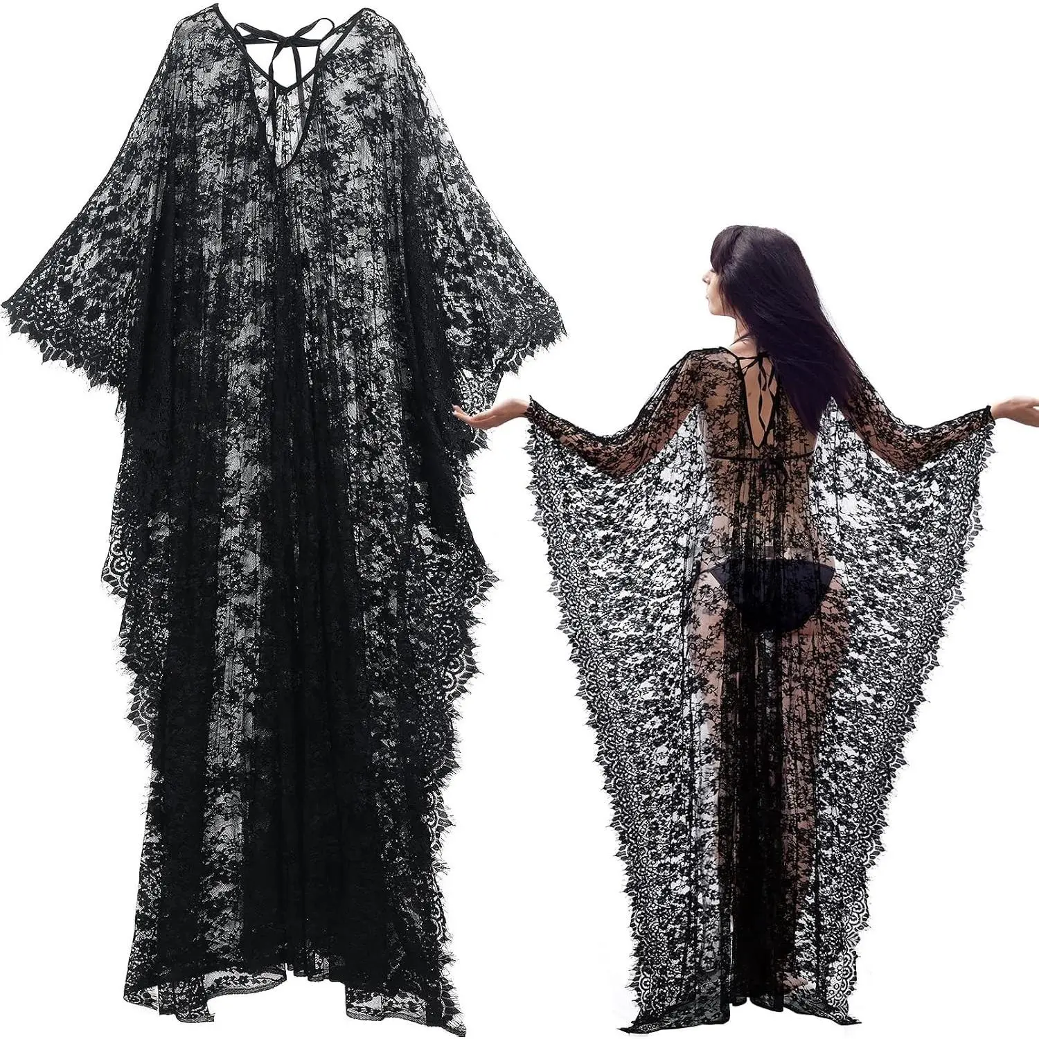 Boho Witch Lace Kimono Kaftan Cover Up Dress for Women, Maternity Beach Swimsuit Bikini Robe, Halloween Vampire Costume Party Favor
