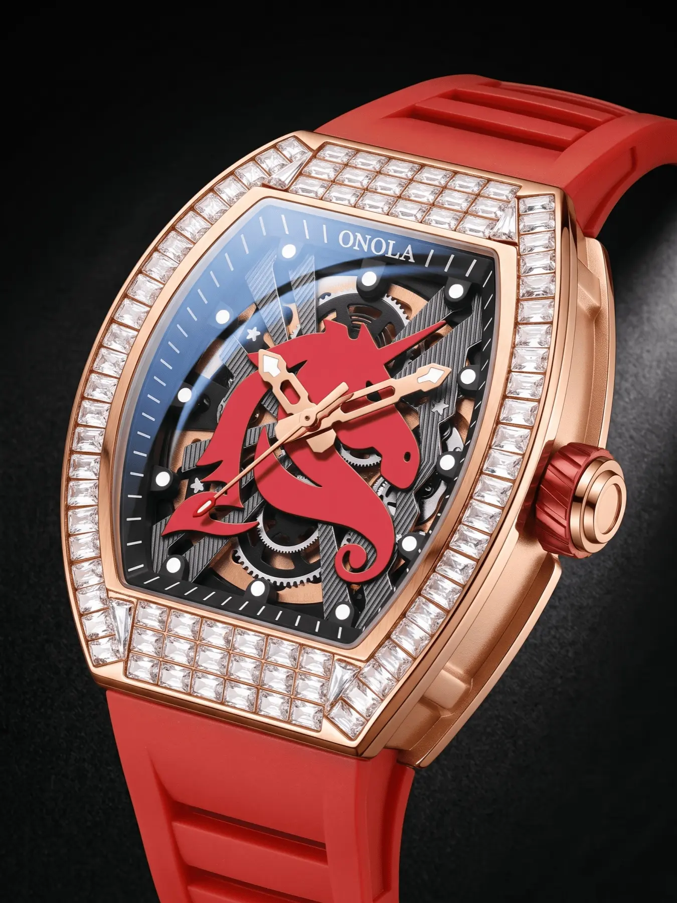 ONOLA NEW Mechanical Watch, Automatic Mechanical Wrist Watches, Tonneau Diamond Mechanical Watch, Large Silicone Strap Watch, Trendy Sport Wristwatch, Luminous Analog Watch, Fashionable Stylish Watch