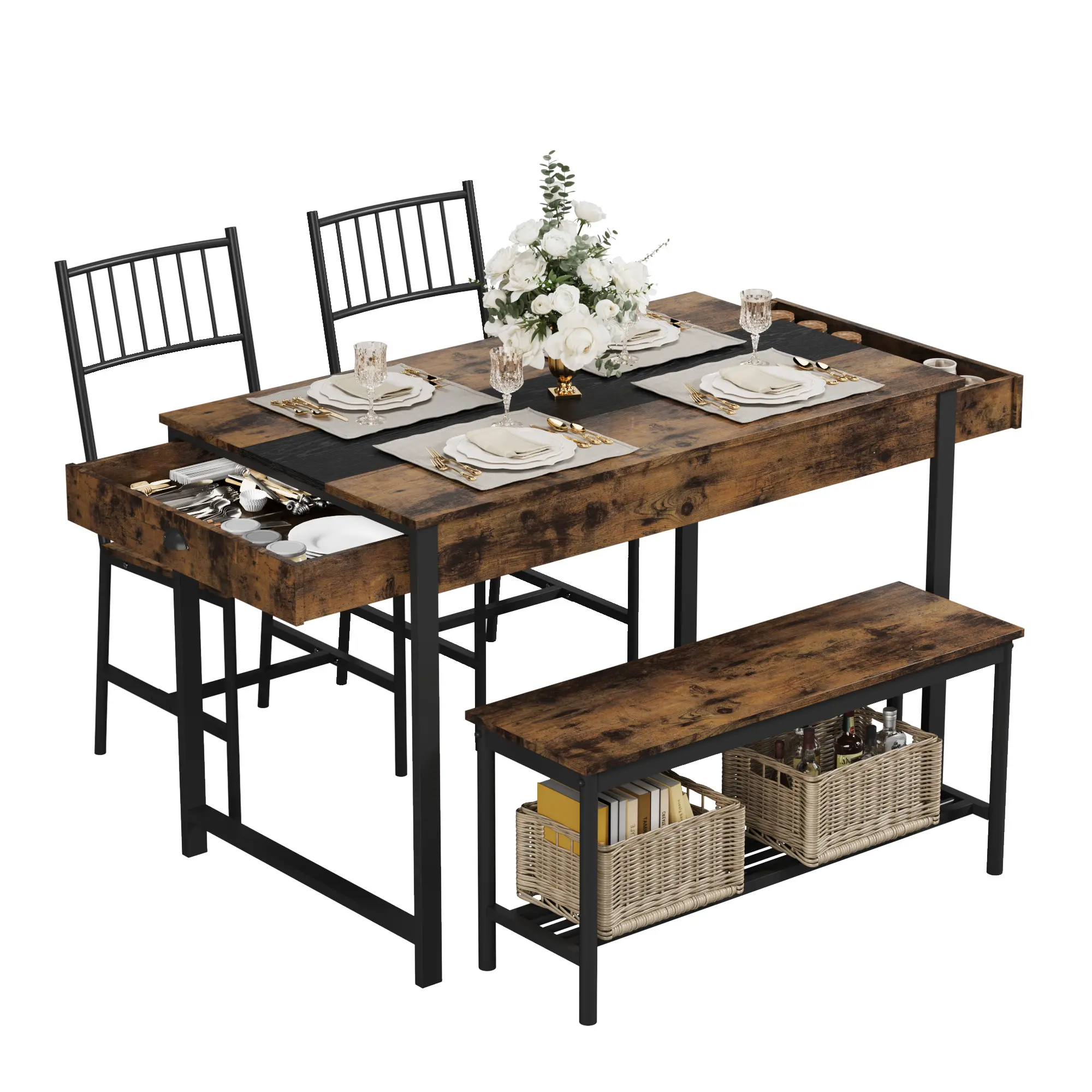 Vintage 4-Piece Dining Set with Storage Drawers, 2 Chairs, Bench, Storage Racks, MDF & Steel Build, Easy Setup, Available in Brown and Gray