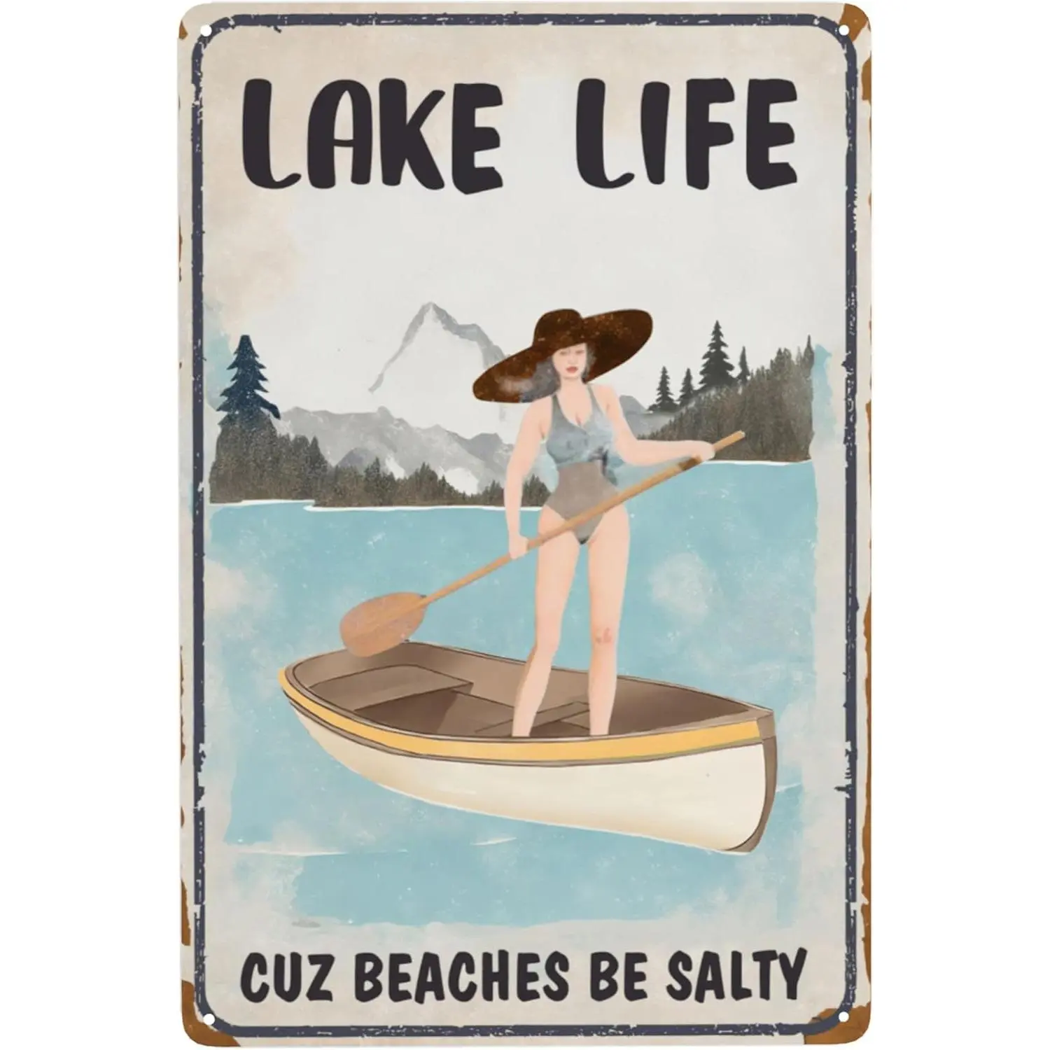Vintage Blue Hanging Tin Rectangle Sign, 12x8 In Fade-Resistant Weather-Resistant Rounded Corner Signs, Lake Beach House Decor, Lake Life Gifts (Cuz Beaches Be Salty)