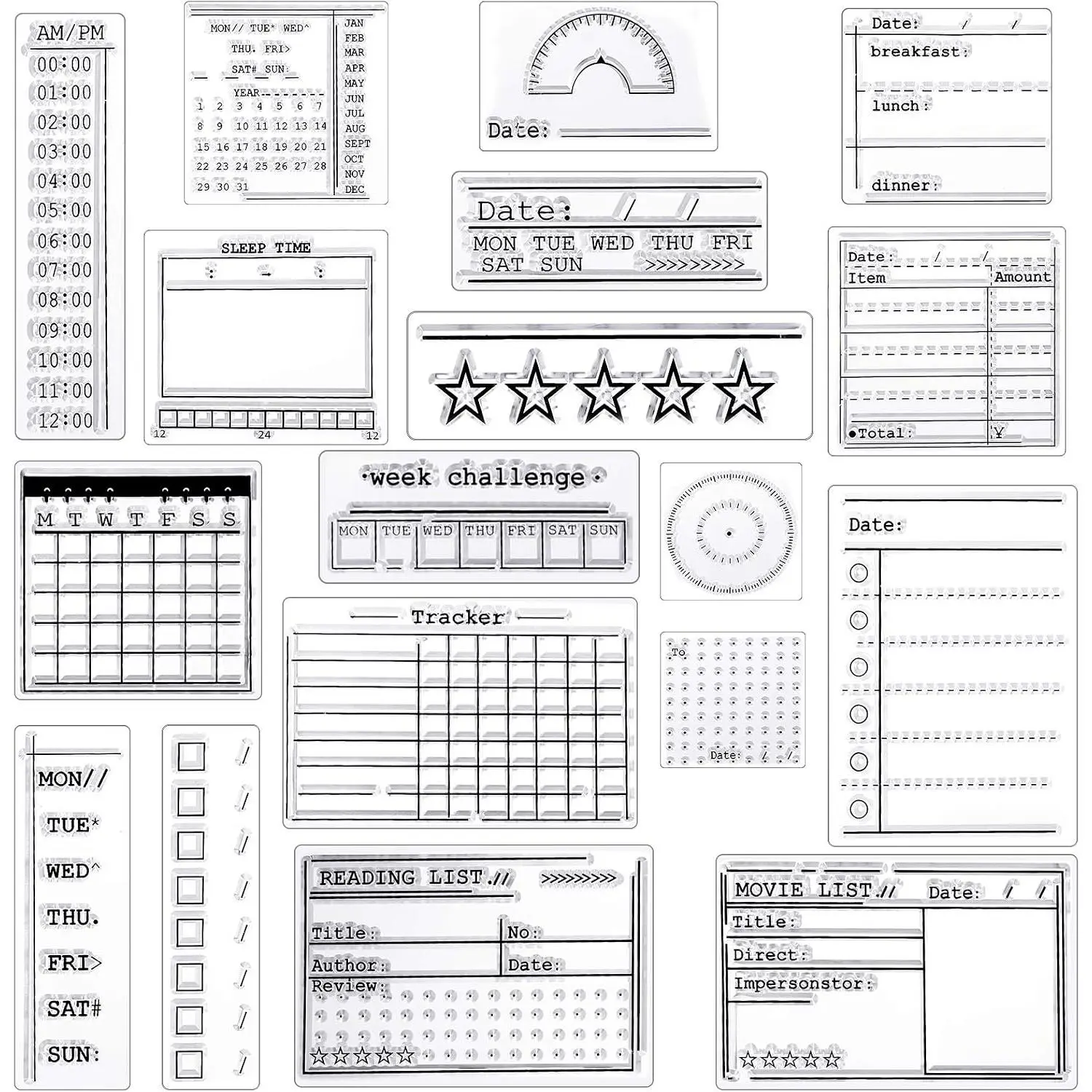18 Pieces Journal Stamps Clear Journal Stamps, 4 Sheets Silicone Calendar Planner Stencils for Bullet, Week Dates Month Organizer Tasks Ideas DIY Making Crafts Scrapbooking Supplies
