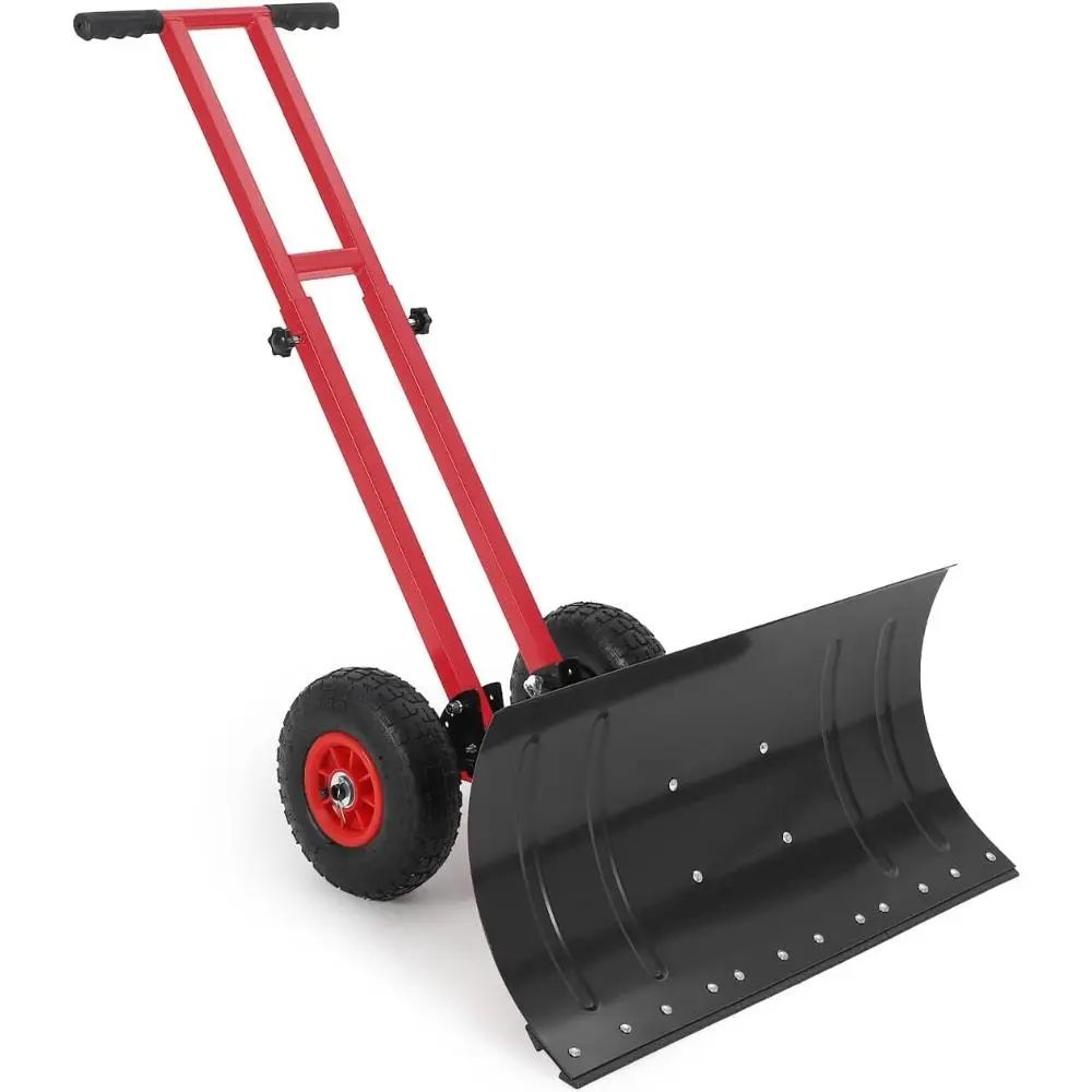 Gaomon 29x14 in Snow Shovel with 5-Position Angled Blade & Adjustable Handle, Heavy Duty Metal Snow Pusher Shovel with Wheels for Driveway, Doorway, Sidewalk, Pavement, Black & Red