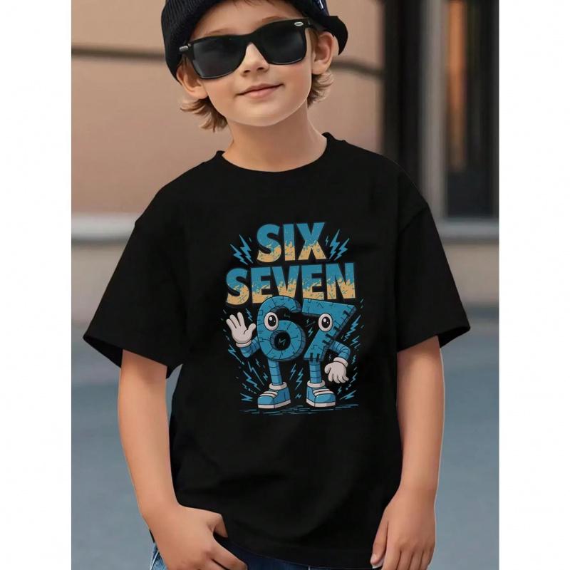Little boy 67 emoji gesture robot number character mecha blue lightning fun 100% Polyester Fiber pattern T-shirt, 67 Thanksgiving and Christmas boys' fall clothing, machine washable, toddler cartoon T-shirt, teen boy clothing gift
