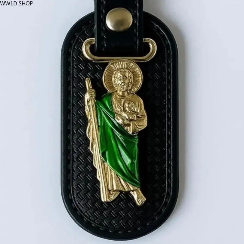 San Judas Tadeo Oval Metal Keychain - Black Stainless Steel & PU Religious Pendant, Stylish Keyring, Durable Faith Icon Fashion Accessory, Ideal for Everyday Use, Graduation Gift for Boyfriend, Metal Keychains, Keychain Jewelry, Ceremony