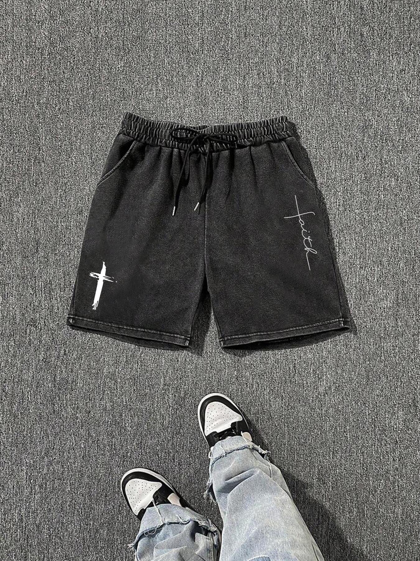 Men's Cross Print Wash Shorts, Loose Casual Fashion Graphic Shorts for Summer, Men's Bottoms for Daily Wear