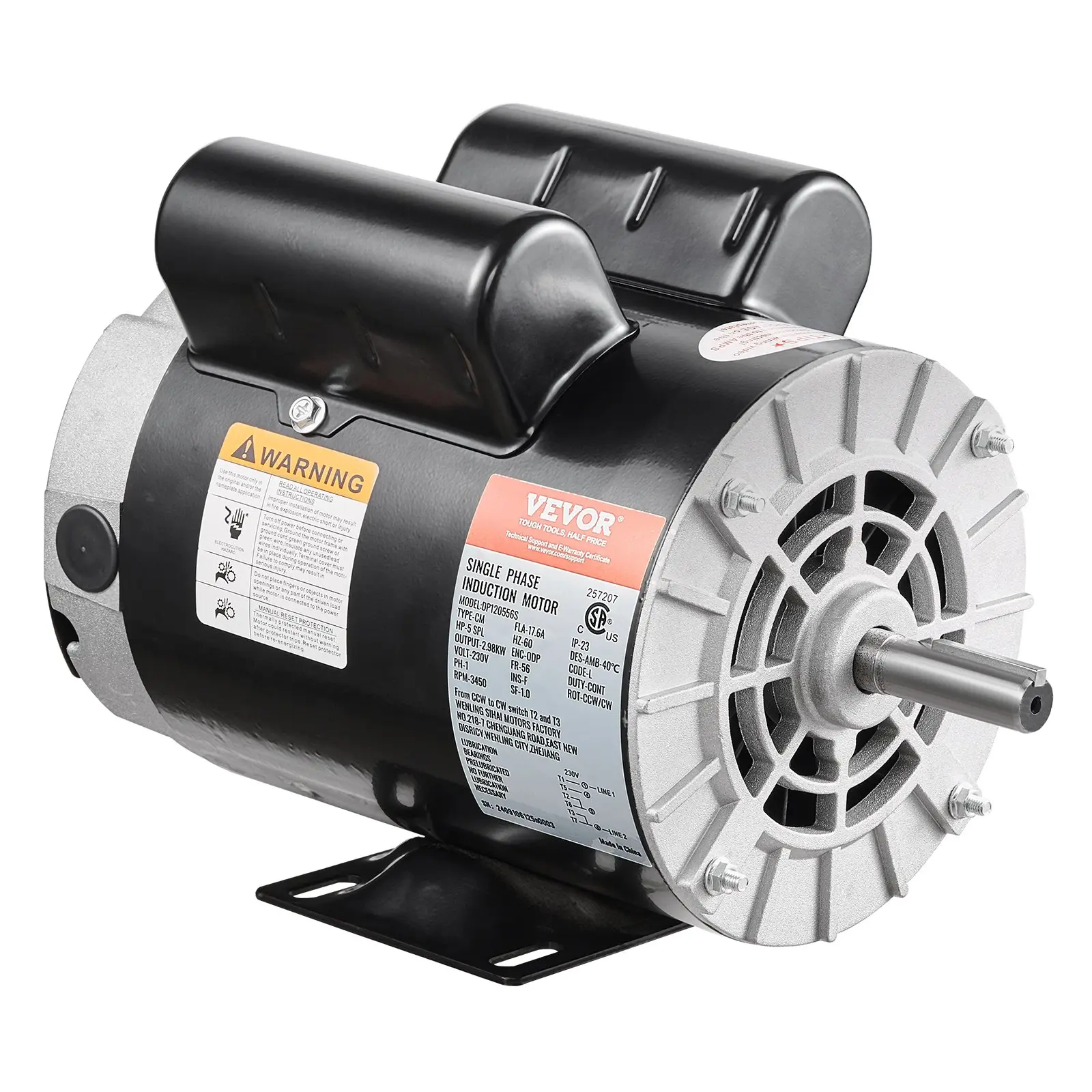 VEVOR High-Quality Frame 5 HP SPL Electric Air Compressor Motor, 230V 17.6Amps, 56 Frame 3450 RPM, 5 HP-5/8" Keyed Shaft, 1.88" Shaft Length, 34.5 lbs, CW/CCW Rotation (Factory CCW), Single Phase, Efficient Cooling, DP120556S