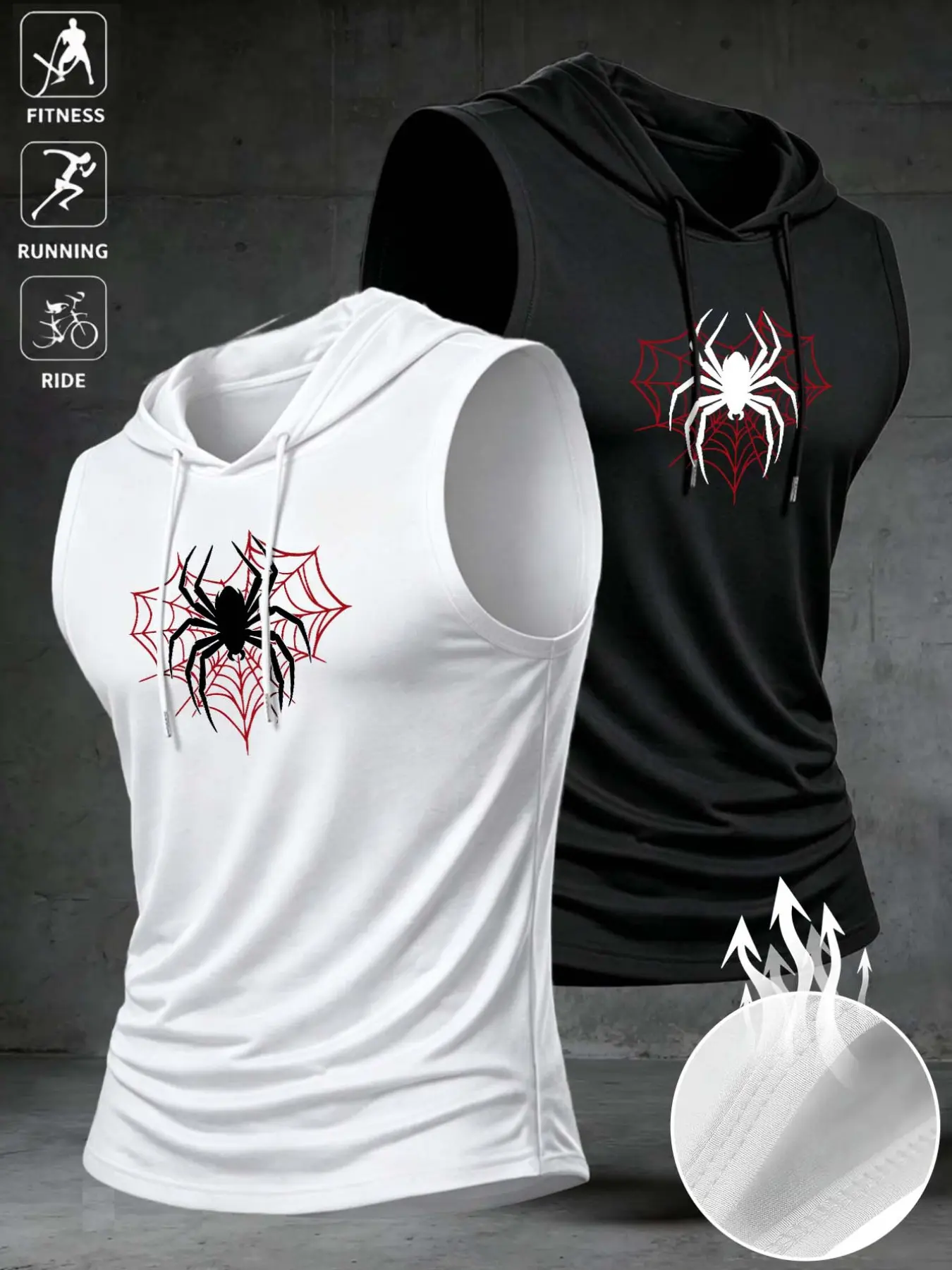 Men's Summer Sleeveless Hooded Tank Top, Spider Pattern, Comfortable Breathable, Two-Piece Set, Outdoor Sports and Fitness