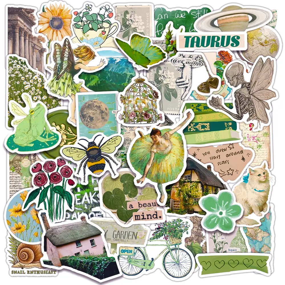 50pcs Green Retro Stickers, Office Stickers, Car Decals, Car Sticker Decal for Scrapbooks, Journals, Laptops, Water Bottles, Cars, Etc. Faith-based Design, Gift with Positive Message