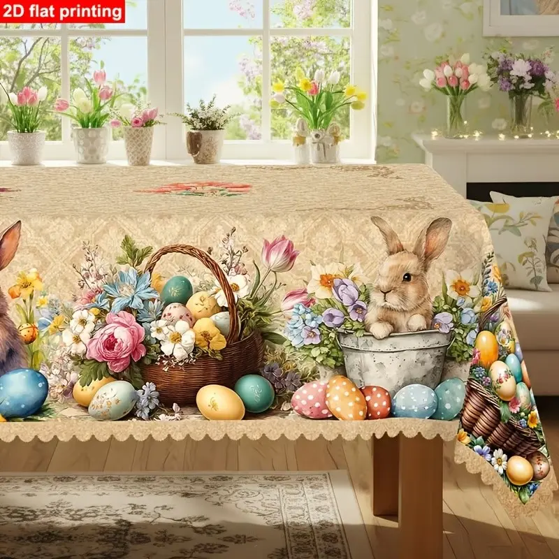 Easter Tablecloth for Spring Summer, Rabbit Egg Tulip Pattern, Soft Rectangular Tablecloth, Indoor Outdoor Use, Easter Dinner Decor Gift