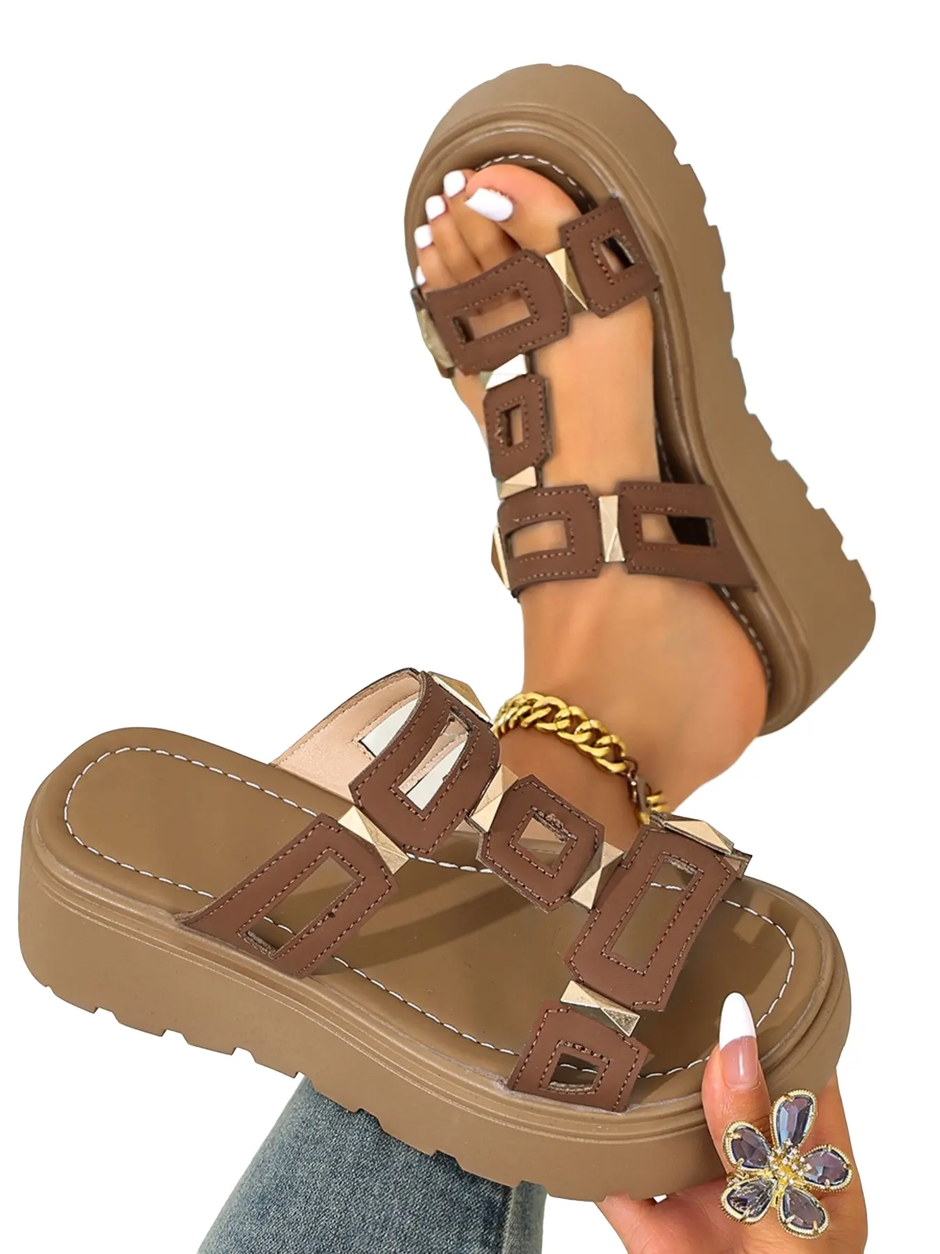 Women's Hollow Out Pyramid Metal Rivet Thick Sole Sandals, Anti-Slip Eva Lightweight, Retro Casual, Summer Beach, Outdoor Travel, Daily Walks