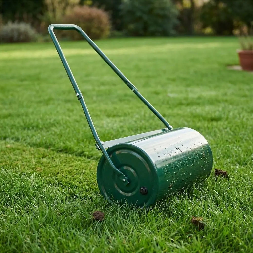 9.5 Gallon Tow Behind Lawn Roller Water and Sand Fillable Drum U Shape Handle Heavy Duty Soil Leveler for Seeding Sod and Turf Care