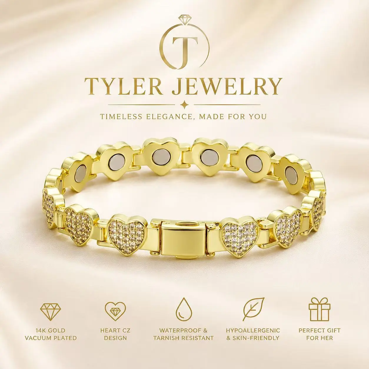 14K Gold Vacuum Plated Heart CZ Tennis Bracelet for Women – Watch Band Style, Sparkling Cubic Zirconia, Waterproof, Tarnish Resistant, Minimalist Luxury Bracelet, Elegant Gift for Her