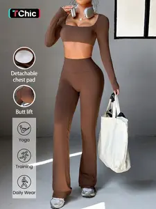 High-Waisted U-Neck Short Sleeve Set, Slimming Micro Flare Pants, Two-Piece for Fitness & Casual Wear, Summer Fashion, Athleisure Sportswear Set