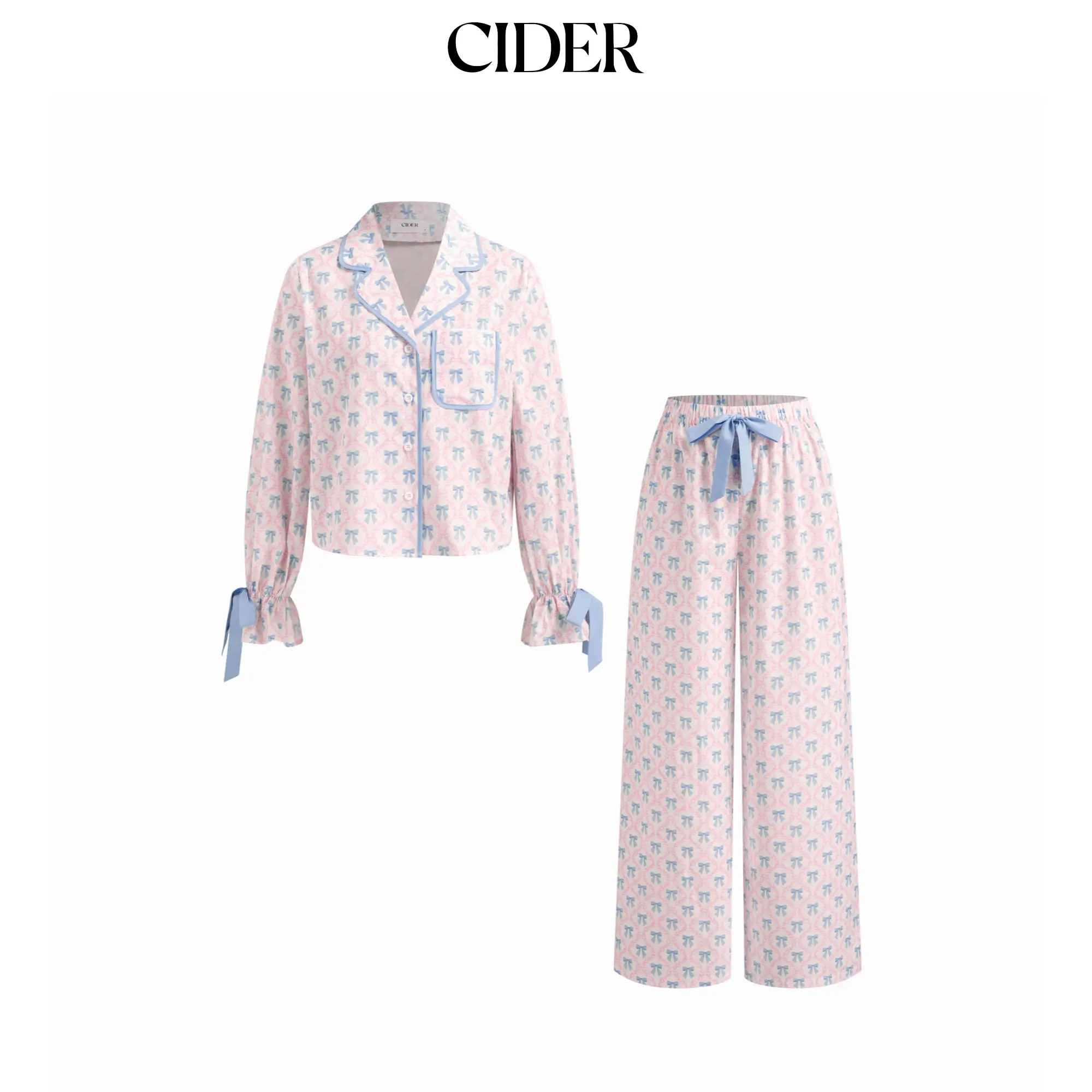 Cider Cotton Bowknot Graphic Knotted Oversized Top & Mid Rise Straight Leg Trousers Loungewear Set