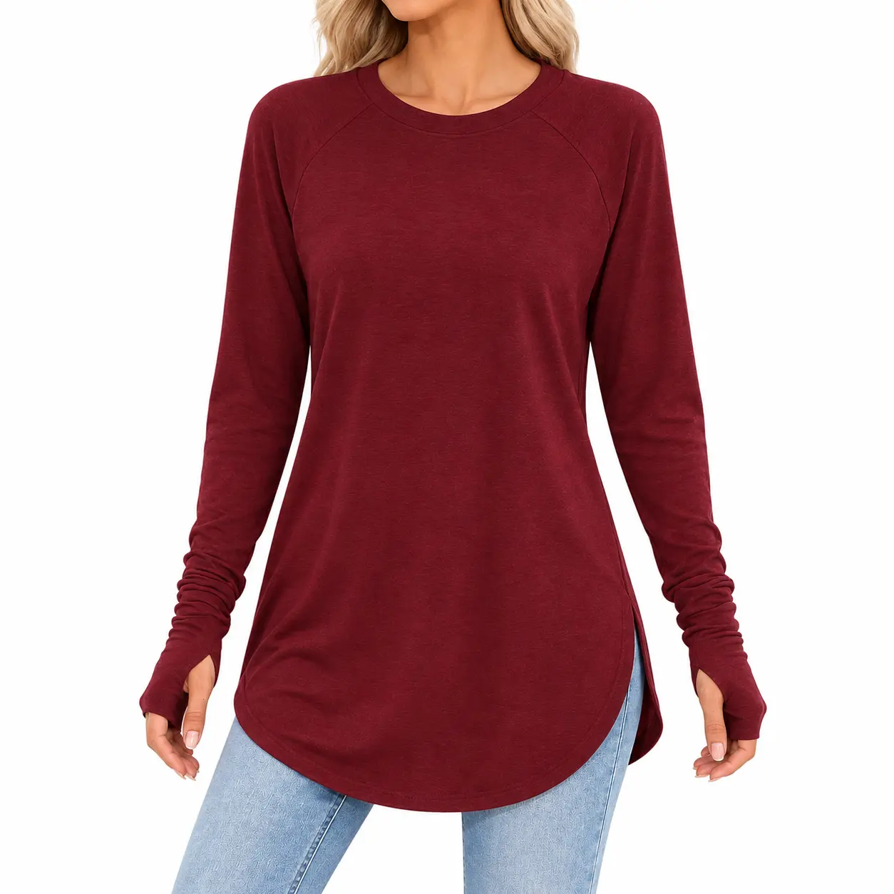 Women's Modest Longline Casual Basic Long Sleeve Crewneck Tunic Top - Thumb Holes, Curved Hem, Side Slits, Relaxed Fit Everyday Fabric Fall Shirt for Leggings
