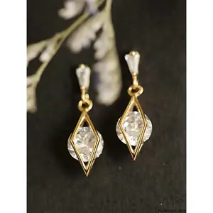 Women's Gold-Tone Geometric CZ Dangle Drop Earrings with Copper Base, Kite Frame, Round Baguette Rhinestones, Minimalist Design for Daily Wear & Gifting
