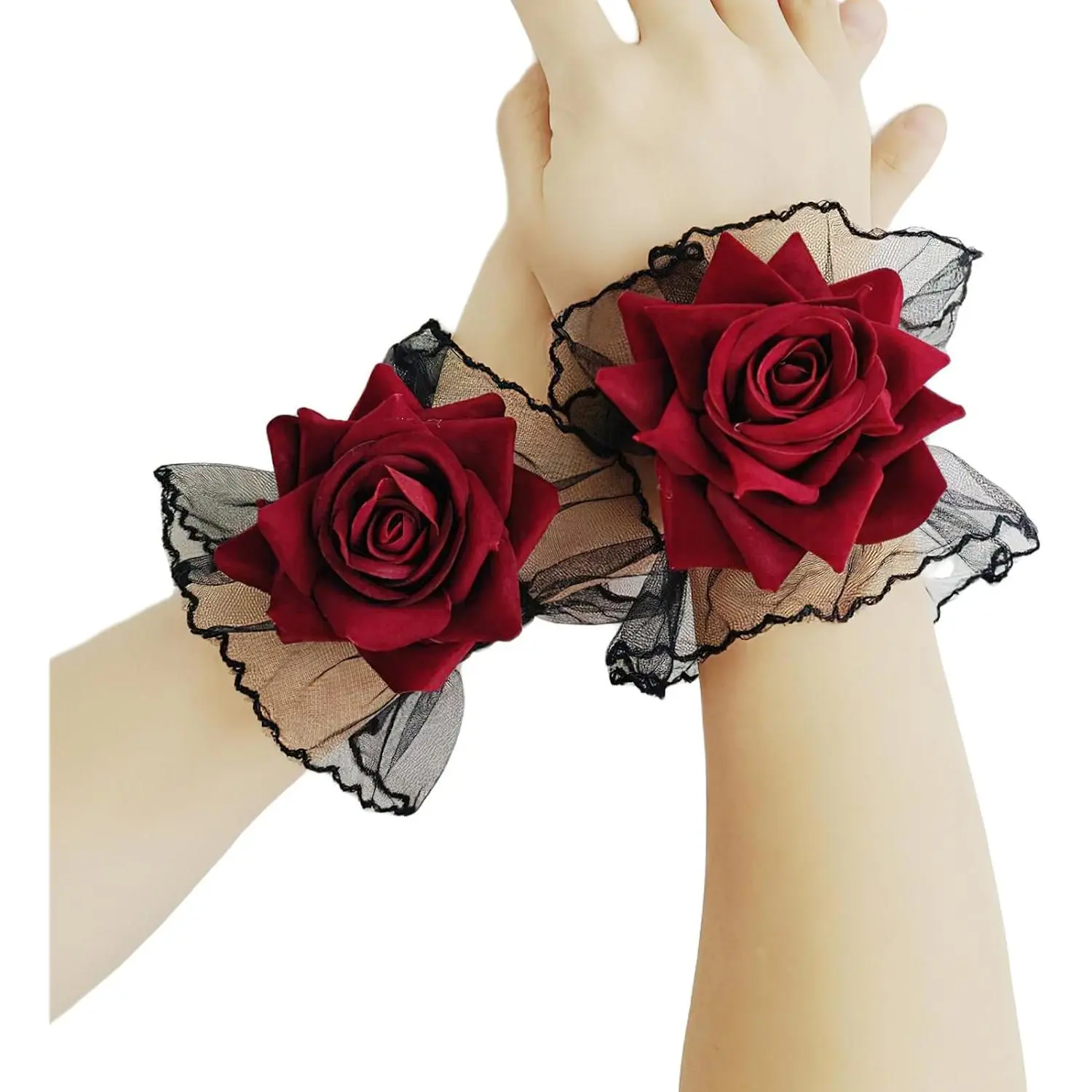 Gothic Rose Lace Gloves Hand Sleeve Black Lace Elastic Bracelet  Red Flower Wrist Cuff Dress Accessories for Women Girls Wedding Halloween Prom Masquerade Party Clothing 1 Pair