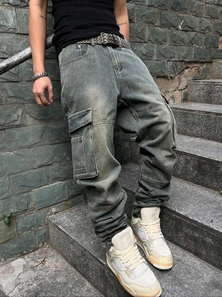 Men's Pioneer Trend Heavyweight Washed Vintage Street Casual Workwear Jeans Extra-Long Straight Loose Fit | Multi-Pocket Design for All Seasons | Button Closure Ideal for Men's Daily Wear