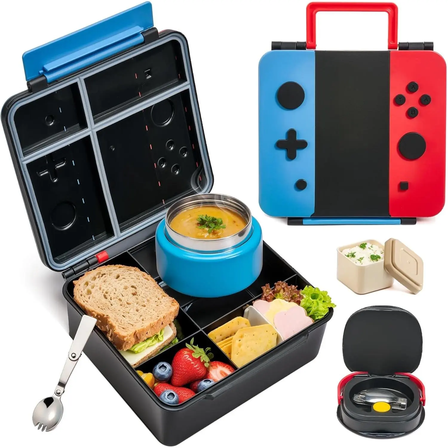 Game Bento Box for Kids, Lunch Box with Thermo(9oz Food Jar), Folding Spoon, Removable Divider & Sauce Cup, Lunch Box Kids for School,Travel, BPA-Free & Realistic Shape(Blue-Red)Gift