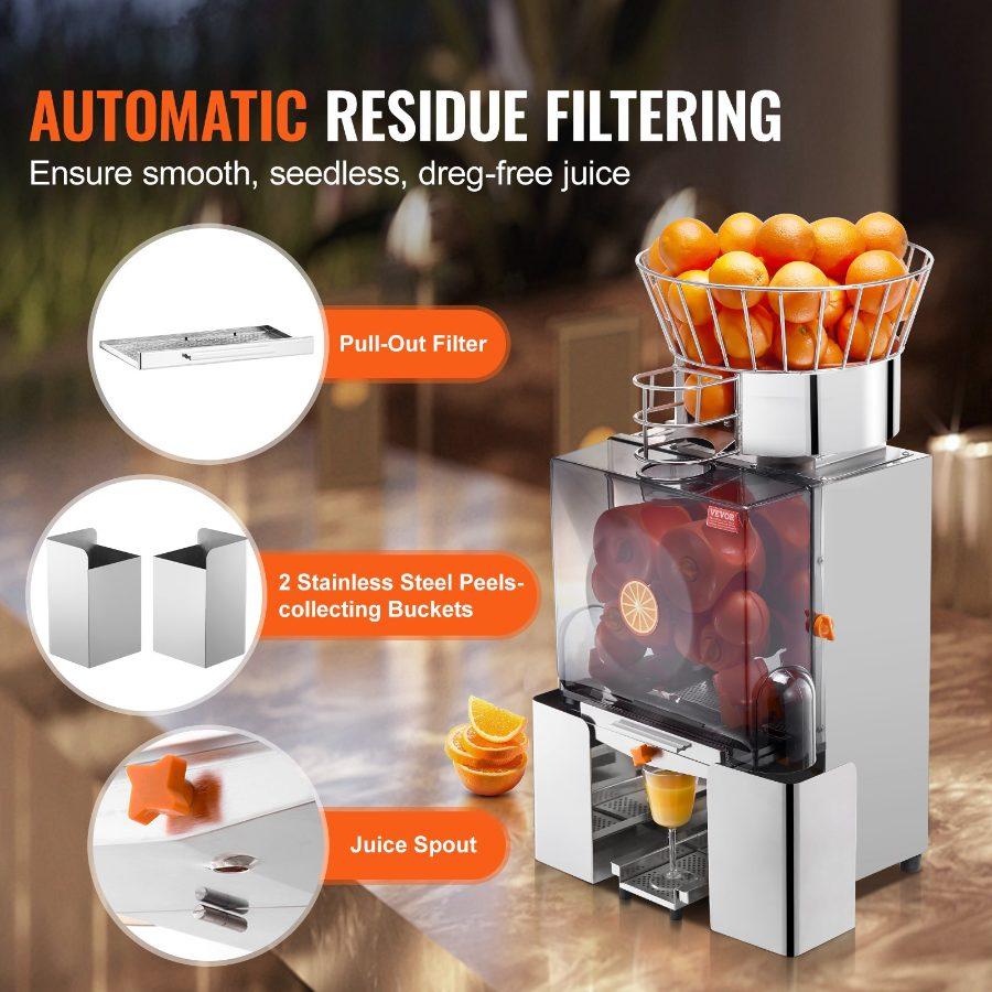 VEVOR Commercial Orange Juicer Machine, 120W Automatic Feeding Juice Extractor, Stainless Steel Juice Extractor for 25 Oranges Per Minute, with Pull-Out Filter Box, PC Cover, 2 Peel Collecting Buckets