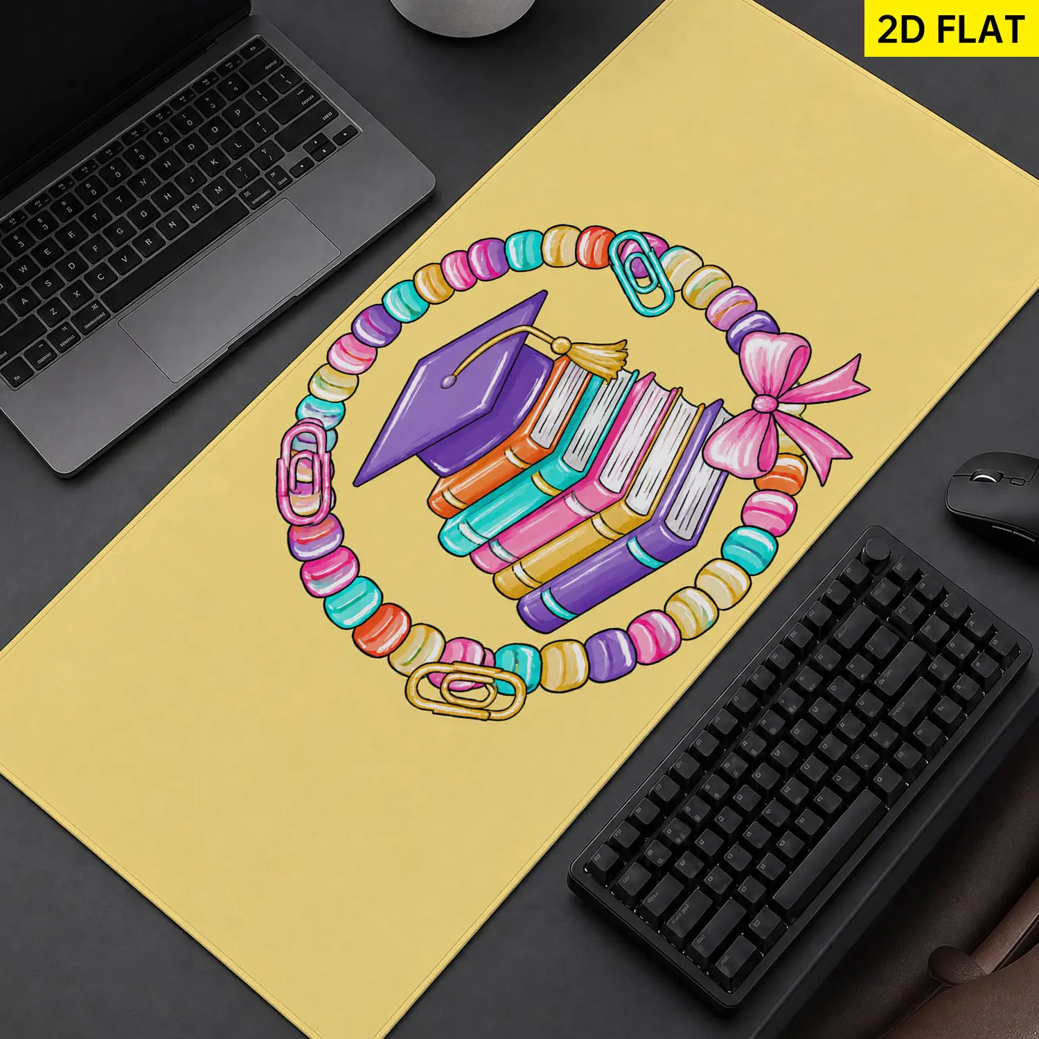 Extra Large colorful graduation books bow bead bracelet Mouse Pad, Non Slip Rubber Pad, Desktop Decoration Drotection Pad, Washable, Lock Edge Multi Size, Premium Multipurpose Mousepad For Home, Office, Gift for Family and Friends