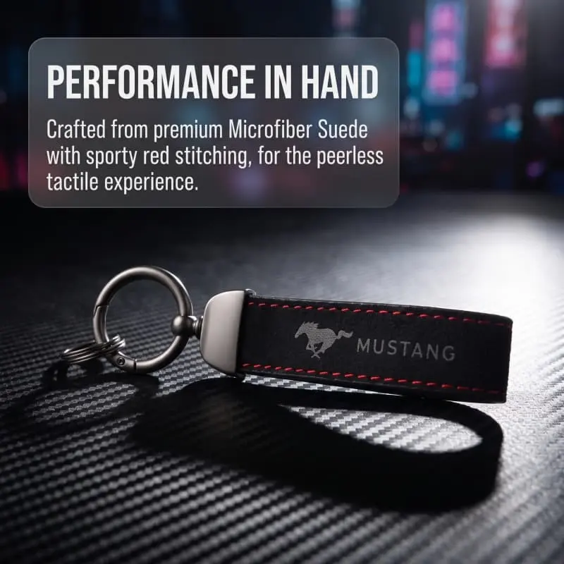 1 Pack Premium Alcantara Suede Key Strap with Red Stitching and Detachable Key Ring, Special Car Keychain Compatible with All Ford Mustang Models
