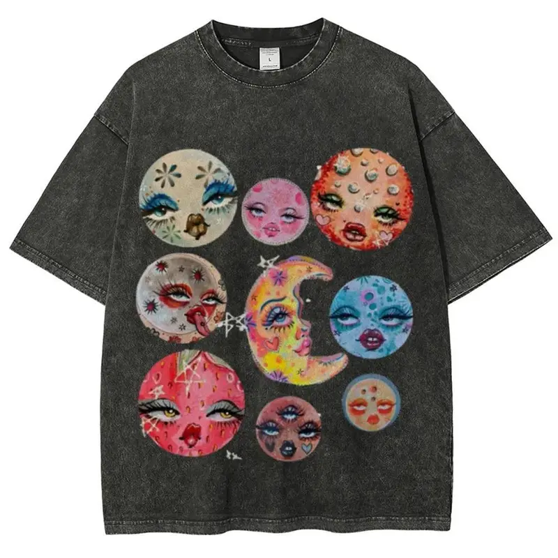 Oversized Tshirt Women Vintage Graphic Tees, Retro Wash Fun Face & Moon Digital Print T Shirts Women, Casual Short Sleeve Crewneck Trendy Streetwear Top, Camisetas de Mujeres,back to school,back to school shopping