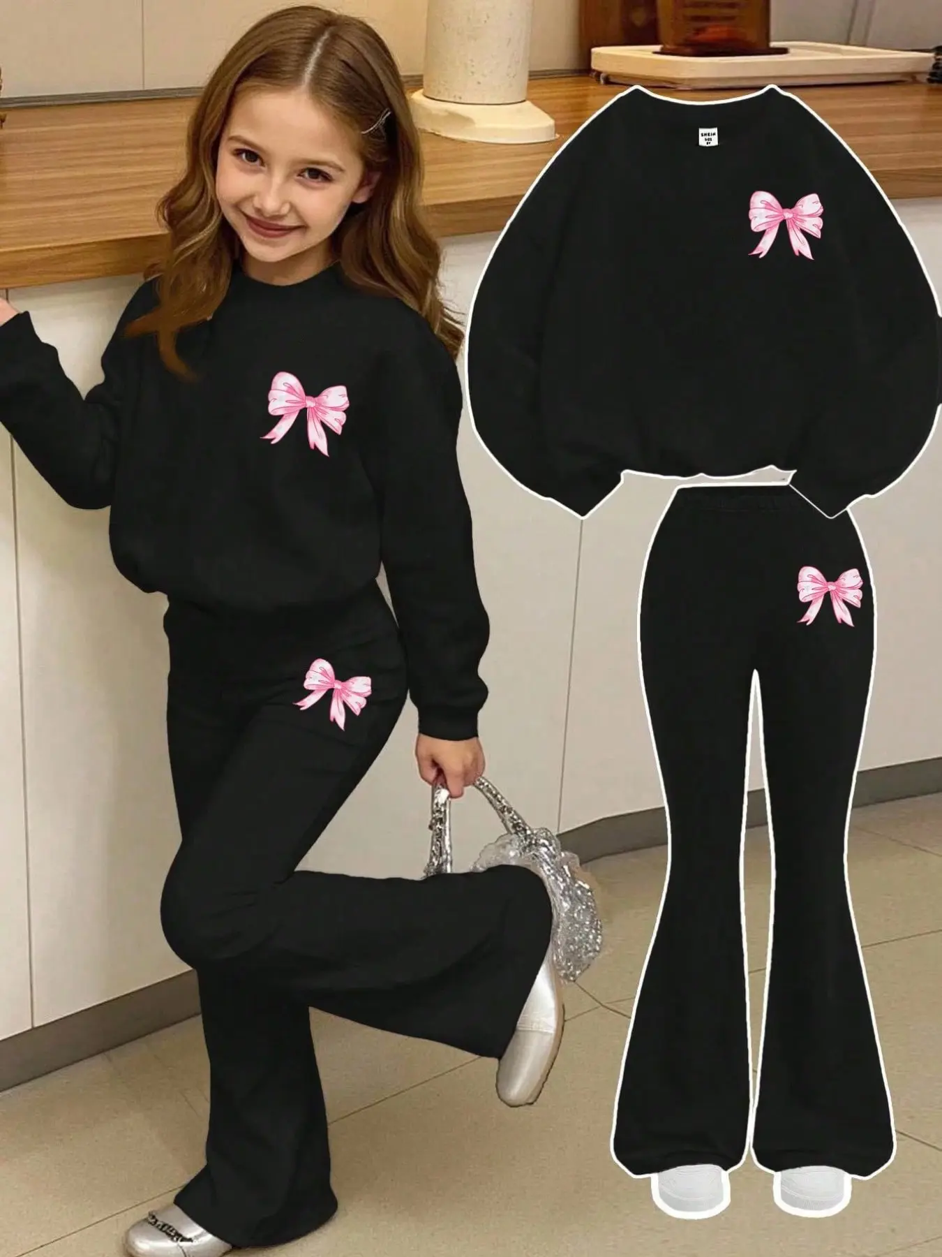 Girls' Bow Sweatshirt and Bell Bottoms Set, Soft Sweet Style, Base Bow Print, Elastic Slim Fit, Fall & Winter