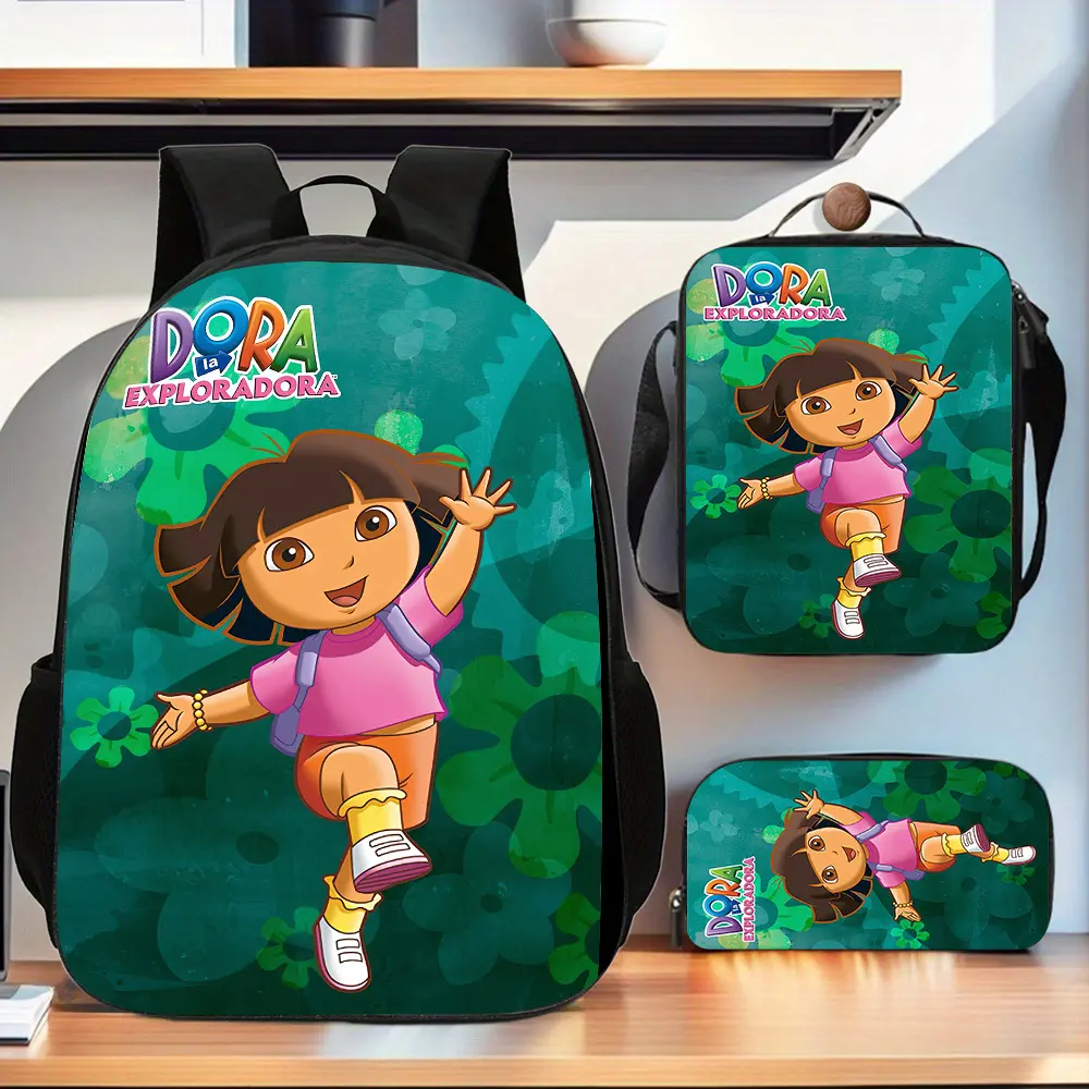 Dora the Explorer green-themed three-piece school bag set with a jumping design, made of regular Oxford fabric, includes a backpack, lunch bag, and pencil case, suitable for daily study and short trips