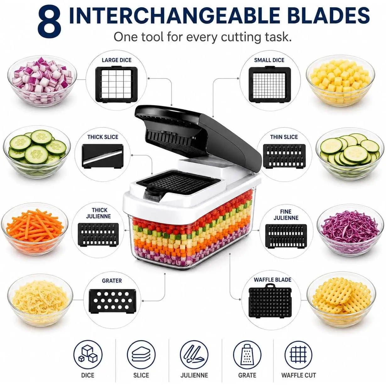 Manual Kitchen Food Cutting Tool, 15-in-1 Veggie Dicer Equipped with 8 Stainless Steel Blades and Storage Container, Multi-purpose Slicer & Grater for Household Cooking