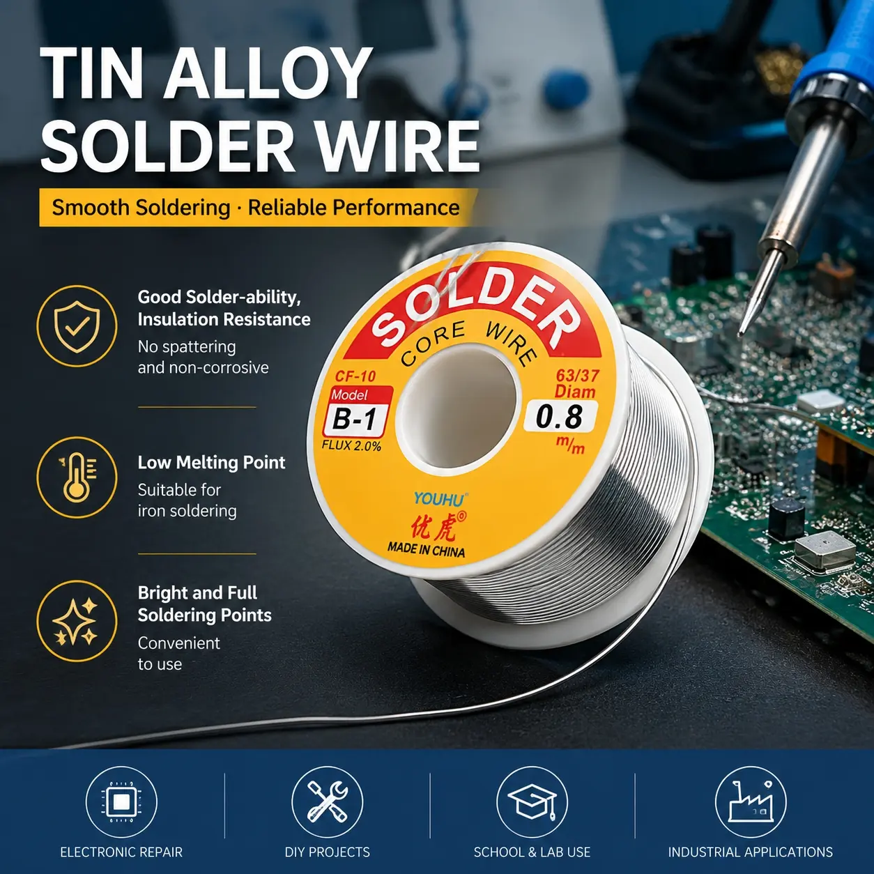 Low Melt Eco-Friendly Solder Wire with 2% Flux for Electronics Repair, High-Flow Tin Alloy for Circuit Boards and Metal Components, Low-Residue Soldering Wire Spool for Efficient DIY Maintenance