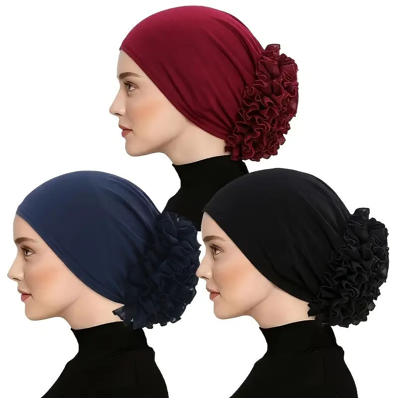 Female 3pcs Elegant Turban Headwear Set - Soft, Breathable Floral Scarf Hair Wrap Head Scarves, Chemo Cap for Casual & Special Events, All Seasons, Head Scarf Turbans, Hair Scarves, Artistic Design Head Scarves
