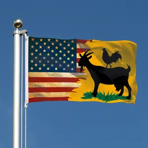 Goat and Rooster Flag - featuring a distressed, vintage-style design. Available in two sizes: 2*3 feet (60*90 cm) and 3*5 feet (90*150 cm). Features two metal grommets and single-sided printing. Suitable for indoor and outdoor environments, parties, garde