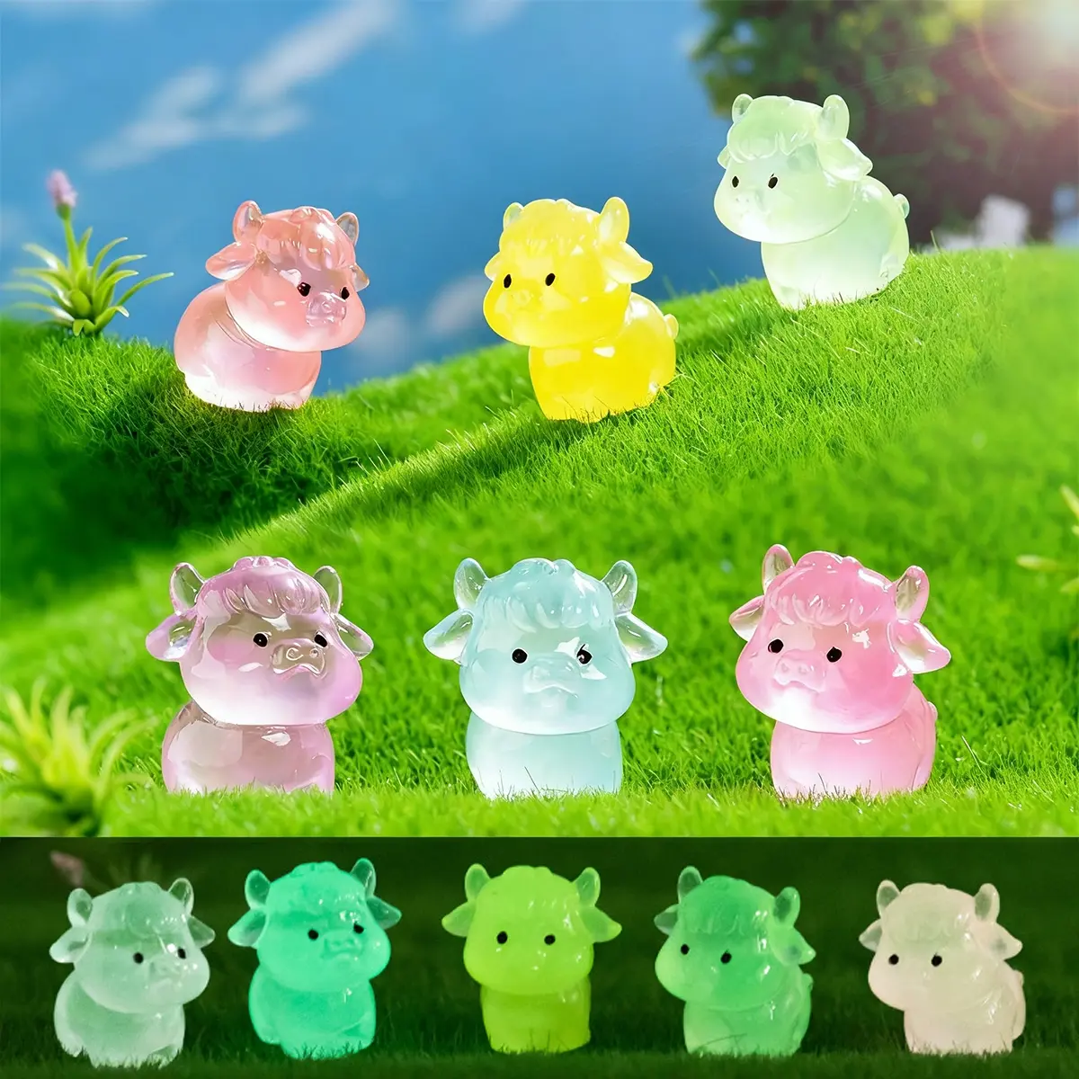 20/30 Night Glow Mini Resin Cow Ornaments, Party Decor for Plant Pots, Fairy Garden Festival Gifts, Elegant Home Decoration